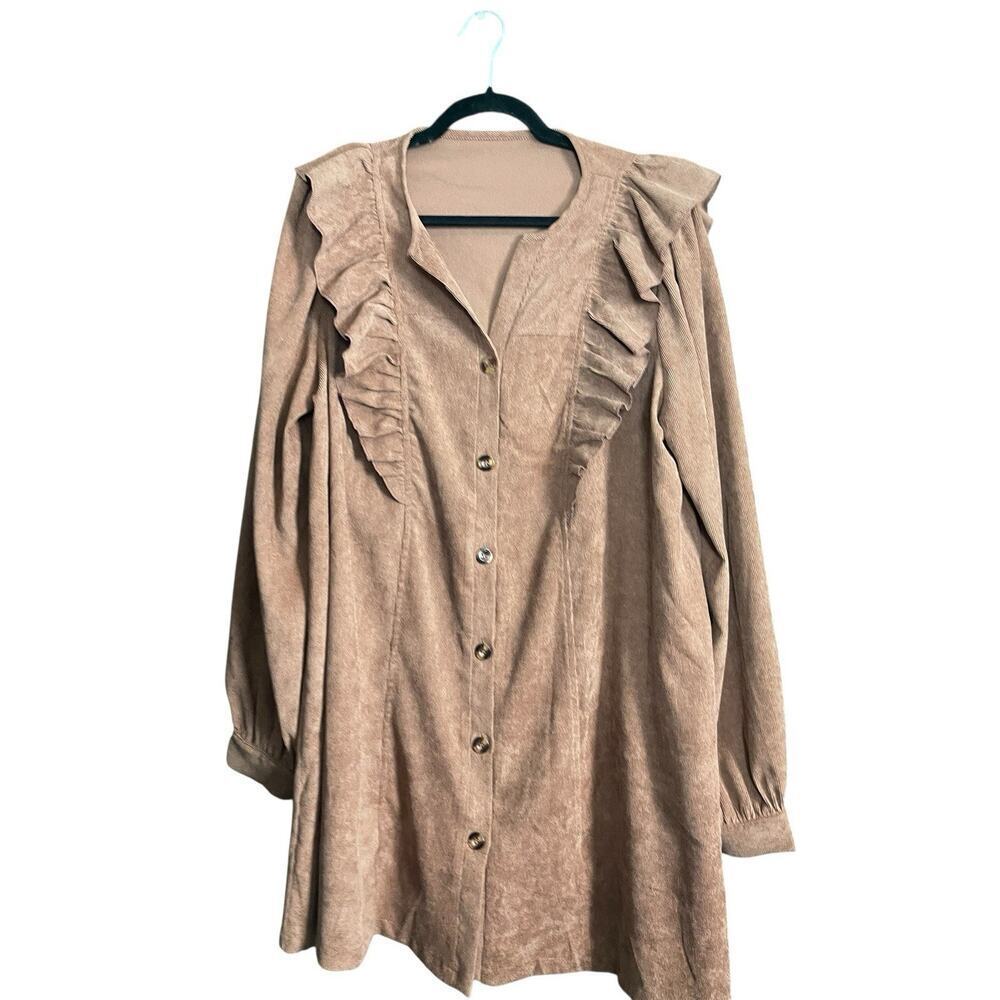 Shein Corduroy Button Up Dress with Ruffles Brown Women Size XL New Without Tags